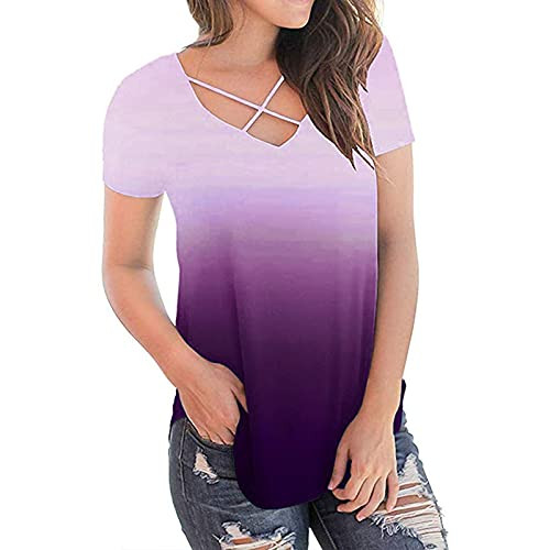 Goldweather Women Summer T Shirts Casual Short Sleeve V Neck Shirts Tunic Gradient Print Criss-Cross Tops Blouse Tee-XXL-Purple- Goldweather Women Summer T Shirts Casual Short Sleeve V Neck Shirts Tunic Gradient Print Criss-Cross Tops Blouse Tee-XXL-Purple-