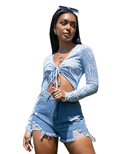 Romwe Women's Zebra Striped Tie Knot Front Deep V Neck Long Sleeve Crop Tops T Shirt Blue L