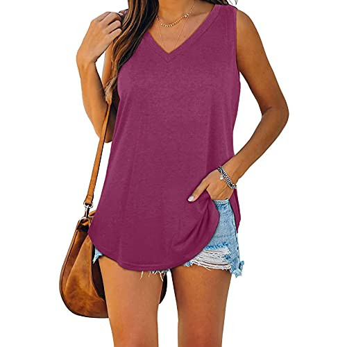 Tops for Women Basic-Solid Color Bright Sleeveless Vest Tunic V-Neck Summer Loose Casual Flowy Tank Tops Blouse