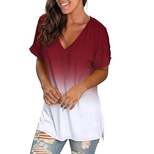 V Neck TShirt for Women Roll Up Short Sleeve Loose Tie Dye Gradient Tunic Casual Plus Size Summer Basic Tees Henley Top