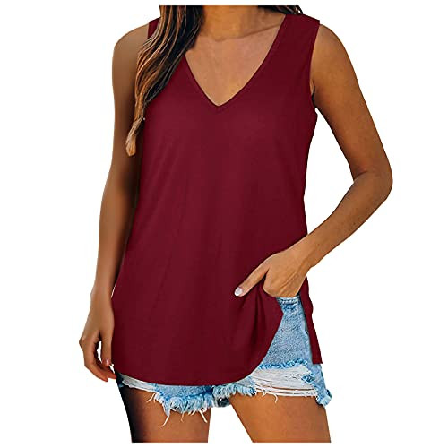 Tops for Women Side Slit Hem Solid Color V-Neck Sleeveless Vest Tunic Summer Loose Casual Flowy Tank Tops Blouse