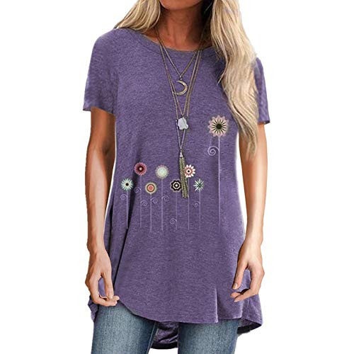 GCETTIC Women Short Sleeve Floral Print Round Neck Tunic Tops Casual Summer Tee Shirts Pullover Tshirt Blouses Purple