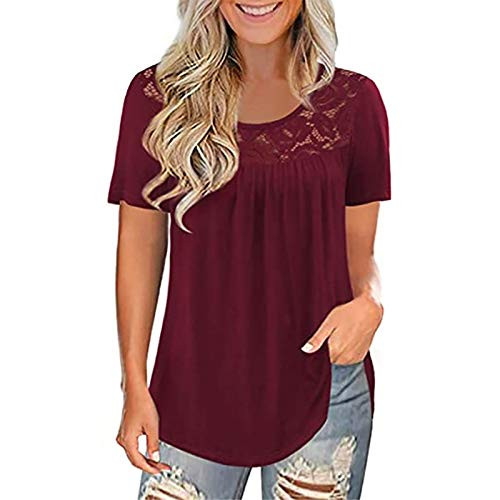 GCETTIC Women Lace Pleated Plus Size Summer Tops Casual Short Sleeve Tee Shirts Loose Pullover Tshirts Blouse Tunics Red
