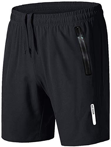 KEFITEVD Sports Shorts for Men Big and Tall with Pockets Loose Fit Workout Short Elastic Waist Training Short Black
