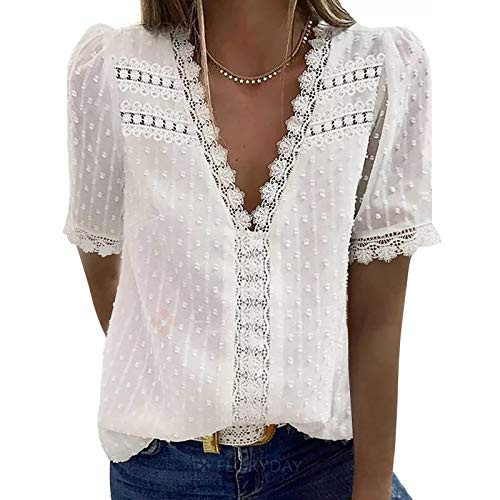 Yowein Women Lace Puff Short Sleeve Blouse Business Elegant Casual Loose V Neck Tops Solid Color Blouse Tunic Shirts Tee