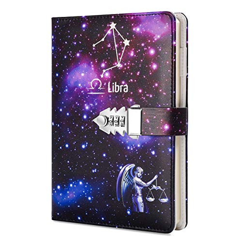 A5 Creative Password Journal with Lock- PU Leather Diary with Combination Lock Password Notebook Locking Journal Diary -Libra-