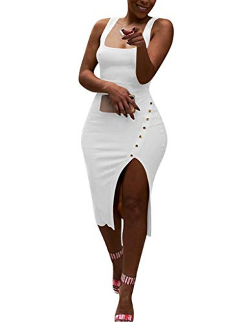 Women Bodycon Dress Sleeveless Slit Solid Tank Party Summer Midi Dresses White S