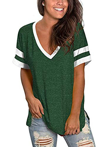 MOPOOGOSS T-Shirt for Women Blouses  and  Button-Down Shirts Color Block Short Sleeve Casual Tunic Blouse and Tops Green XXL