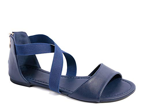 MaxMuxun Women's Flat Sandals-Zipper Elastic Ankle Strap Gladiator Open Toe Summer Sandals Navy Blue Size 9