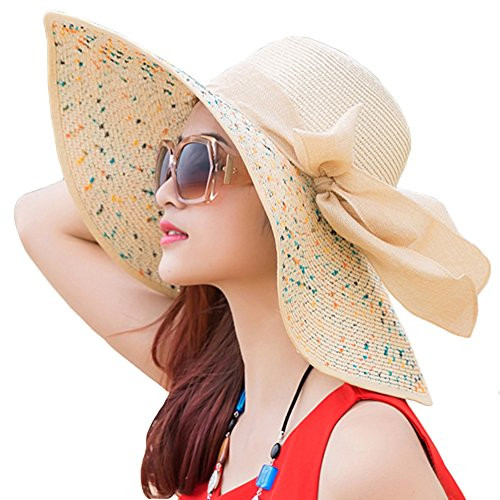 Itopfox Womens Folable Floppy Hat Big Bowknot Straw Hat Wide Brim Beach 50Plus UPF Sun Hat- Beige- One Size-22Inch-22.8Inch Circumference-