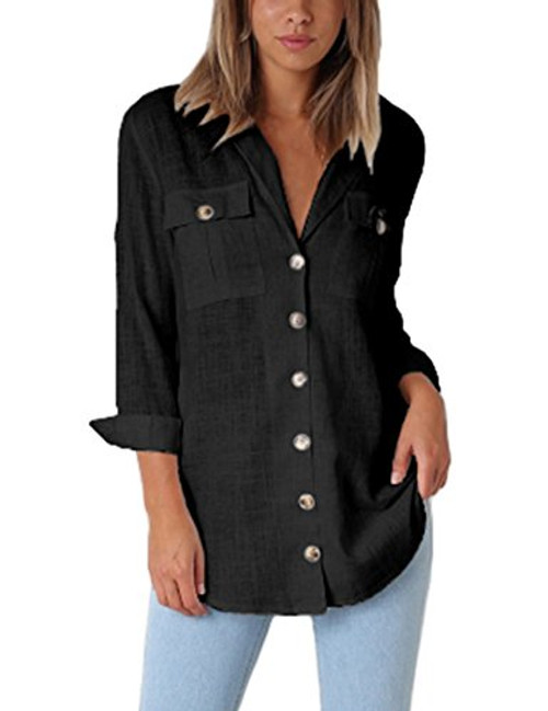 GRAPENT Women's Casual Loose Roll-up Sleeve Blouse Pocket Button Down Shirts Tops S?US 4-6? Black