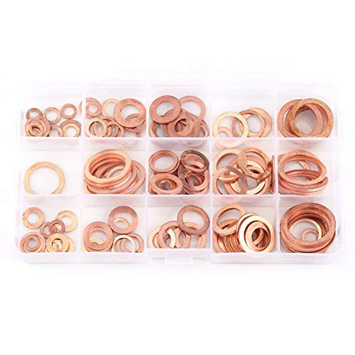TOPINCN Copper Flat Washers 150pcs Metric 15 Sizes Gaskets Assortment Set Kit with Box Hardware Multipurpose Use