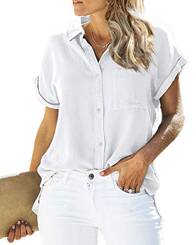 Womens V Neck Shirts Loose Blouse Short Sleeve Button Down Casual Work Tops with Pockets White