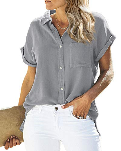 Womens V Neck Shirts Loose Blouse Short Sleeve Button Down Casual Work Tops with Pockets Grey