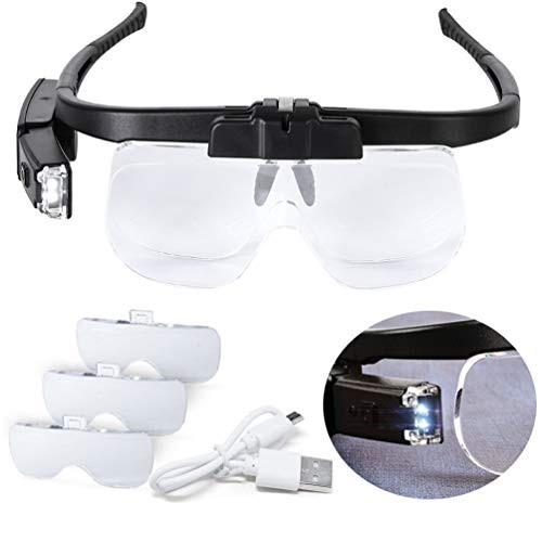 Magnifying Glass with Led Light for Close Work- USB Rechargeable Head Magnifier Glasses Hands Free for Cross Stitch Painting Sewing Crafts Reading- 3 Replacement Lenses 1.5X- 2X- 2.5X Magnification