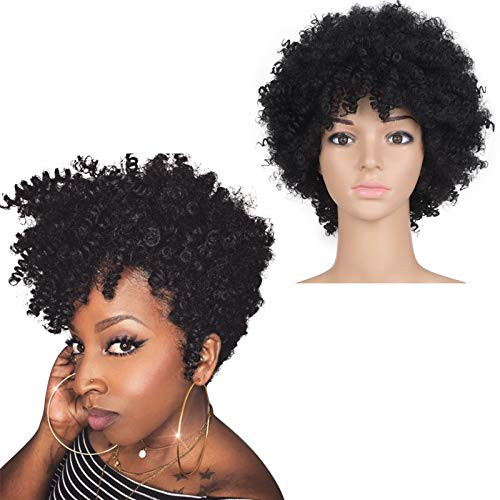 Afro Short Curly Wig with Bangs for Black Women Synthetic Natural Looking Black Kinky Curly Wig for Daily Wear
