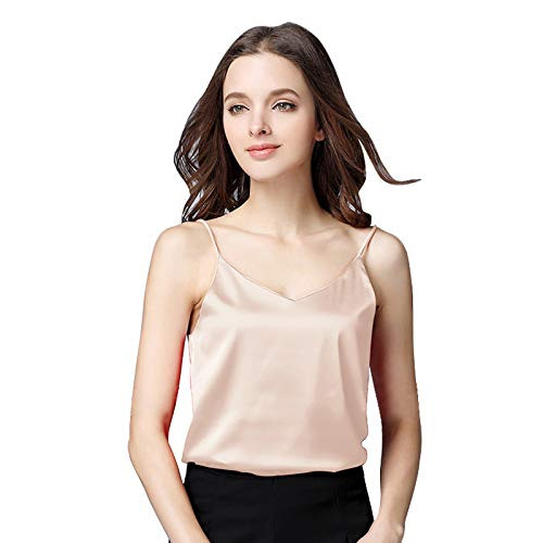 Miqieer Basic Women's Silk Tank Top Ladies V-Neck Camisole Silky Loose Sleeveless Blouse Satin Tank Shirt-Champagne-L-