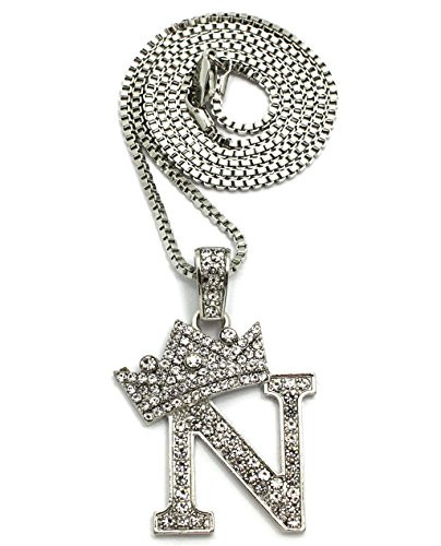 CBC Crown Rhinestone Studded Crown Initial Alphabet Letter Pendant Necklace 24inch Box Chain Necklaces in Gold Tone or Silver Tone -Silver - N-