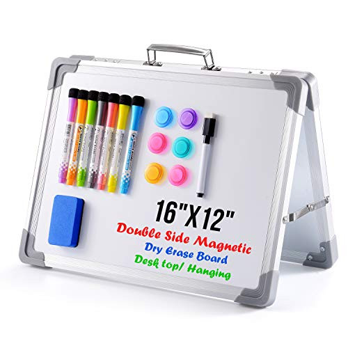 Dry Erase Board 12inch X 16inch WhiteBoard Easel Portable Double Sided Foldable White Board Magnetic Desktop Whiteboard Tabletop Whiteboard- with 8 Dry Erase Markers - 6 Magnets and 1 Eraser -12x16inch-