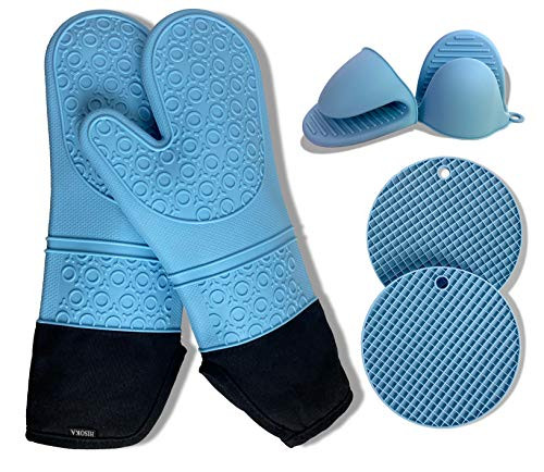 HISOKA Extra Long Oven Mitts and Pot Holders Sets- Heat Resistant Silicone Oven Mittens with Mini Oven Gloves and Hot Pads Potholders for Kitchen Baking Cooking- Quilted Liner- Blue- Pack of 6