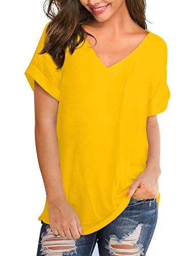 DittyandVibe Womens V-Neck T-Shirts Summer Casual Short Sleeve Tops with Pocket Yellow XL