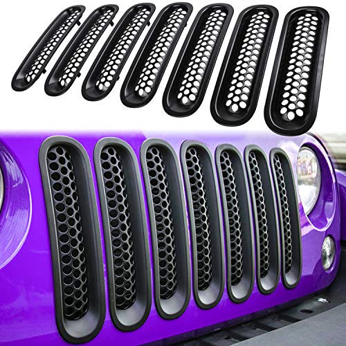 E-cowlboy 7PCS Front Grill Mesh Inserts Clip-in Grille Guard for 2007~2017 Jeep Wrangler JK JKU Unlimited Rubicon Sahara -Matte Black-
