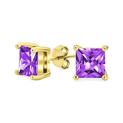1CT Purple Square AAA CZ Princess Cut Stud Earrings Cubic Zirconia Simulated Amethyst 14K Gold Plated Sterling Silver