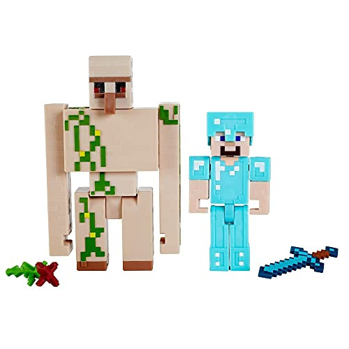 Minecraft 2-Pack Iron Golem  and  Steve 3.25inch Scale Video Game Authentic Action Figure with Accessory and Craft-a-Block