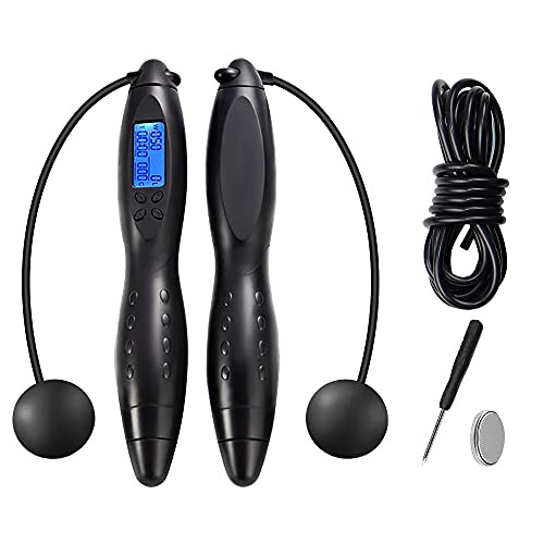 Cordless Indoor Jump Rope-Digital Counting Speed Jumping Rope Counter Weight Calories Time Setting Adjustable Skipping Rope for Indoor and Outdoor Fitness Exercise Training -Black-