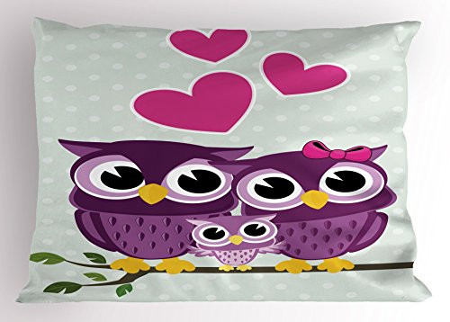 Ambesonne Owls Pillow Sham- Owls Couple with Baby Owl Sitting on a Branch Family Portrait Cartoon Art- Decorative Standard Queen Size Printed Pillowcase- 30inch X 20inch- Purple Yellow