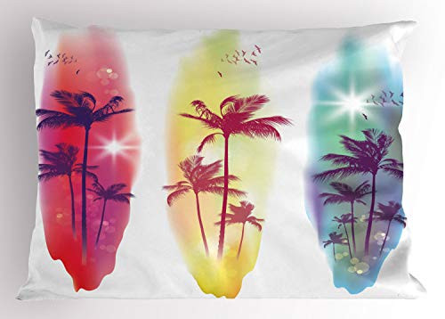 Ambesonne Tropical Pillow Sham- Palm Trees Birds Seagulls Pattern Silhouette Surfboards Seascape- Decorative Standard Queen Size Printed Pillowcase- 30inch X 20inch- Pale Yellow Fuchsia