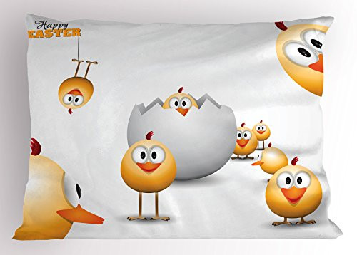Ambesonne Easter Pillow Sham- Happy Chicks Emerging Out of a Cracked Egg Funny Cartoon Style Animals- Decorative Standard Queen Size Printed Pillowcase- 30inch X 20inch- Orange Yellow White