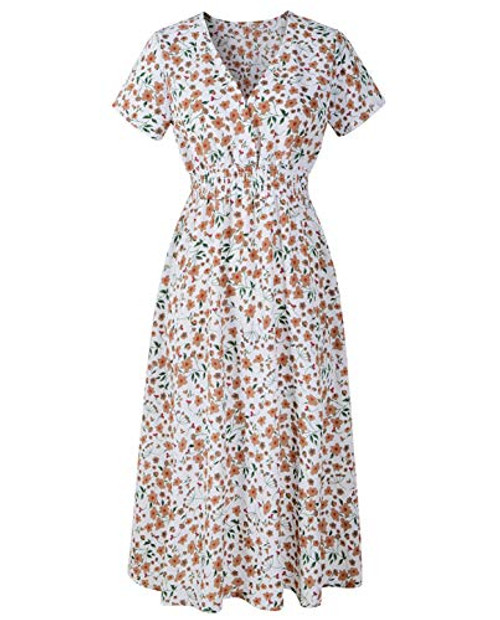 Mansy Womens Floral Boho V Neck Short Sleeve Casual Summer Beach Flowy Chiffon Midi Dress White