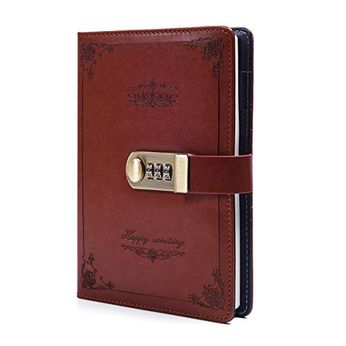 ARRLSDB Diary with Lock- PU Leather Combination Lock Journal -Combination Lock Diary- A5 Password Notebook Retro Privacy Journals Locking Personal Diary -Brown-