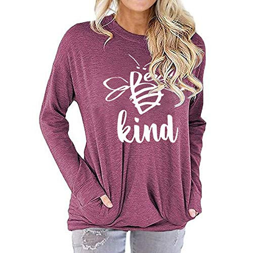 Bee Kind Casual Loose Shirts for Women Long Sleeve Sweatshirts Blouse Baggy Comfy Tunic Tops with Pockets Purple L