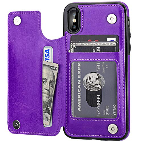iPhone Xs iPhone X Wallet Case with Card Holder-OT ONETOP Premium PU Leather Kickstand Card Slots Case-Double Magnetic Clasp and Durable Shockproof Cover -iPhone Xs/X 5.8inch Purple-