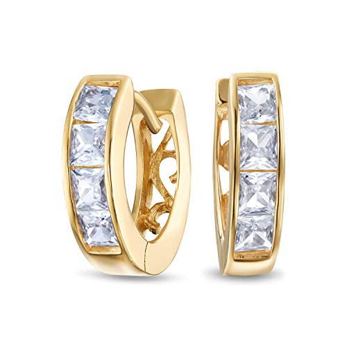 Tiny Small Square Princess Cut CZ Channel Set Kpop Huggie Hoop Earrings For Women Men Clear Cubic Zirconia Yellow 14K Gold Plated 925 Sterling Silver