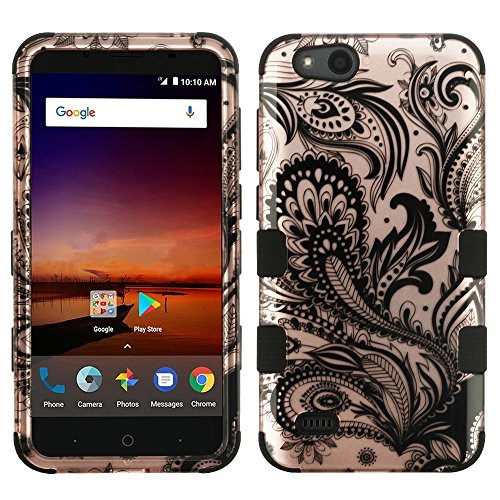TUFF Hybrid Series Case for ZTE ZFive C LTE Z558VL- ZFive G LTE Z557BL- Blade Vantage- Avid 4- Avid 557 - Military Grade Shockproof Protective Case -Paisley Flower- and Atom Cloth