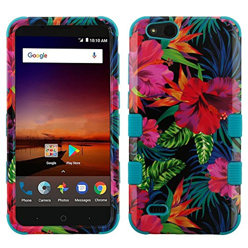 TUFF Hybrid Series Case for ZTE ZFive C LTE Z558VL- ZFive G LTE Z557BL- Blade Vantage- Avid 4- Avid 557 - Military Grade Shockproof Protective Case -Hibiscus Flowers- and Atom Cloth