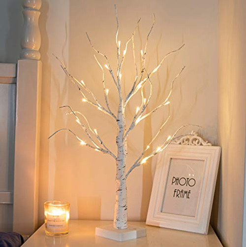 PEIDUO 24 2FT 24LT Lighted Birch Tree Battery Powered Timer Warm White LED Artificial Branch Tree for Home Party Festival Wedding Decor- 2FT Table Tree Lamp
