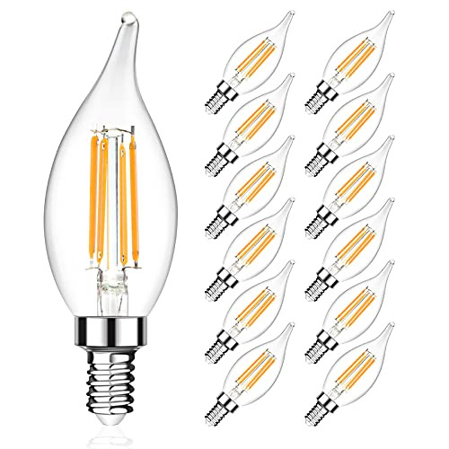 Ascher E12 Candelabra LED Light Bulb 95Plus CRI- 40 Watt Equivalent- 450 Lumens- Warm White 2700K- Flame Tip Decorative LED Filament Candle Bulb- E12 Base- Non-Dimmable- Pack of 12