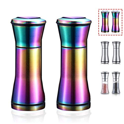 Kyraton Rainbow Salt and Pepper Shakers- Titanium Plating Stainless Steel Salt and Pepper Grinders Refillable Pepper Grinder- Pepper Mill- Salt Grinder- Salt Shaker- Salt Pepper Shaker Set of 2