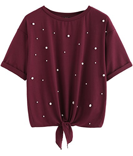 Romwe Women's Pearl Beaded Short Sleeve Tie Front Knot Casual Loose Fit Tee T-Shirt Burgundy L