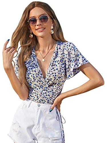 SheIn Women's V Neck Short Sleeve Self Tie Wrap Floral Crop Tops Blouse Floral Purple Large