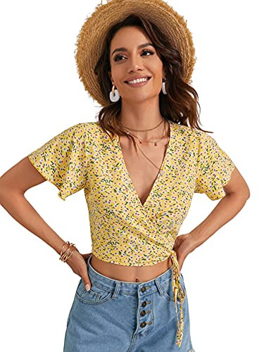 SheIn Women's V Neck Short Sleeve Self Tie Wrap Floral Crop Tops Blouse Ditsy Floral Yellow X-Large