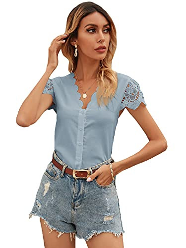 SheIn Women's Lace Short Sleeve V Neck Scallop Trim Button Down Blouse Shirt Top Dusty Blue XS