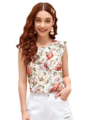 Romwe Women's Floral Ruffle Cap Sleeve Pleated Front Summer Tops Blouse Shirts Floral Multi M