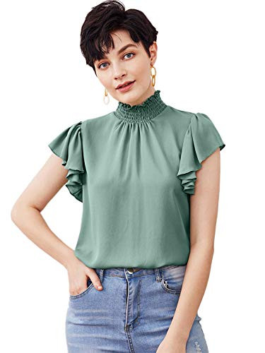 Romwe Women's Floral Ruffle Cap Sleeve Pleated Front Summer Tops Blouse Shirts Mint Green M