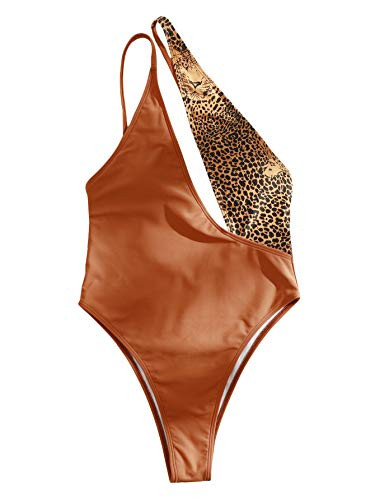 Romwe Women's One Piece Swimsuit Leopard Print Cutout One Shoulder Bikini Bathing Suit Orange L