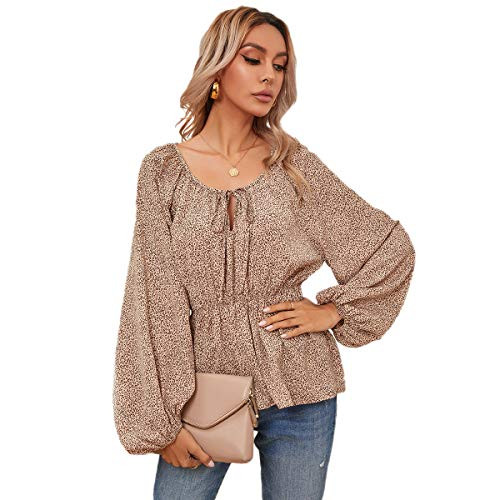 Romwe Women's Leopard Print Lantern Long Sleeve Tie Neck Ruffle Peplum Tops Blouse Apricot S